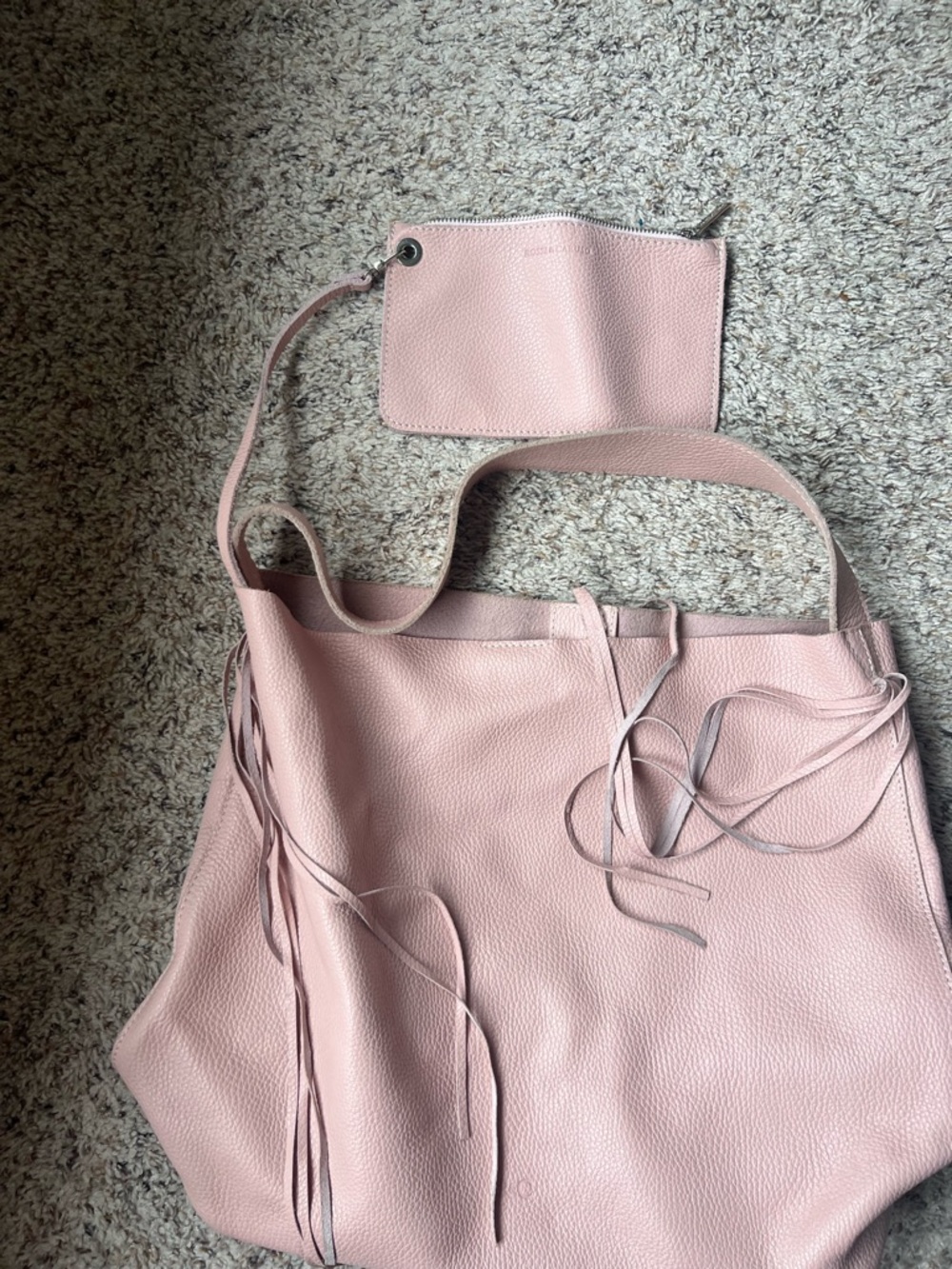 Blush Pink Leather Fringe Tote with Wrist Pouch